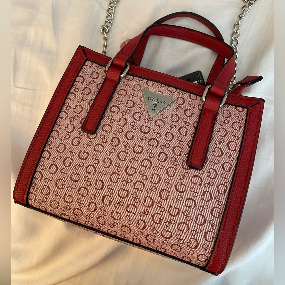 Guess Logo Evanston Satchel Bag Purse with Removable Strap Silver Metal Accents
